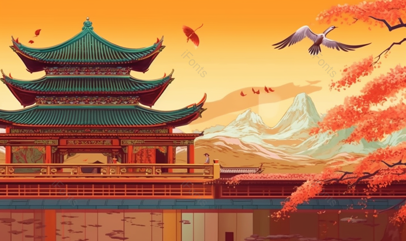 红墙银杏故宫园林建筑落叶和飞鸟插画,插画/手绘图,插画/手绘图库,插画/手绘图下载,插画/手绘